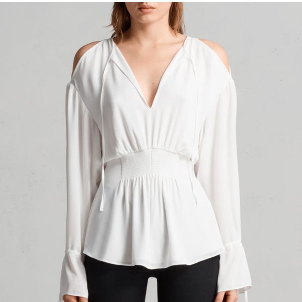 All Saints White Open-Shoulder Long Sleeve Top